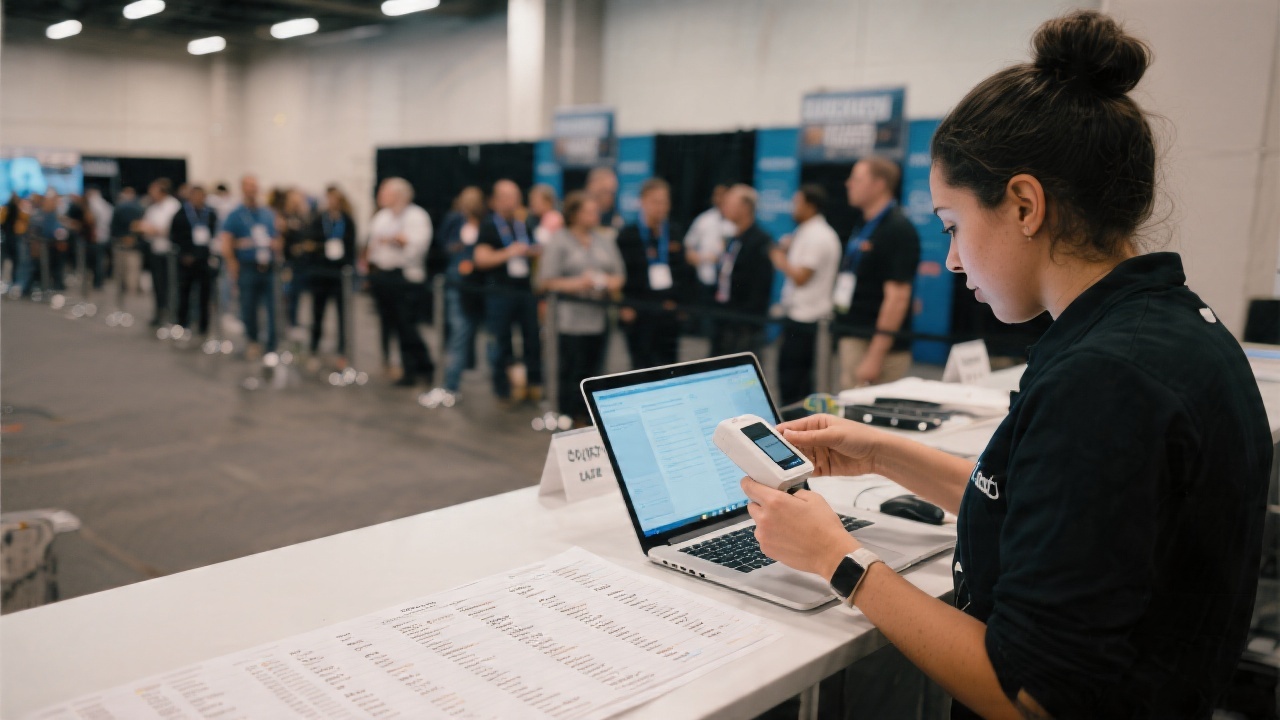 Event check-in desk with a staff member scanning printed lists, a laptop with attendee names, and a tidy queue area in the background